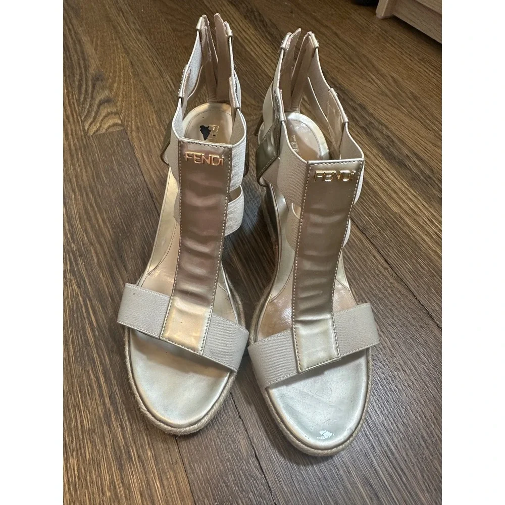 Fendi Womens Metallic Gold Caged Espadrille Wedge Sandals Back Zip Italy 36.5